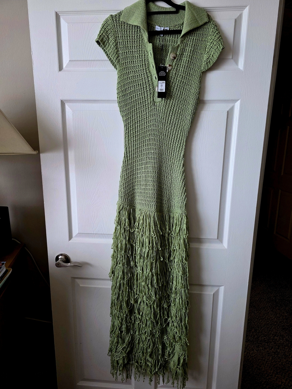 Light Green Knit Fringe Maxi Dress with Polo Collar